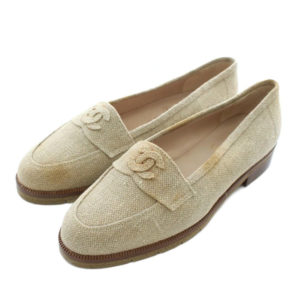シャネル CHANEL ローファー スリッポン 麻 リネン ラウンドトゥ ココマーク ベージュ XZ GY 19