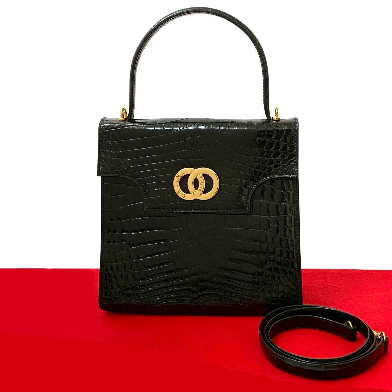 極 美品 CELINE セリーヌ ヴィンテージ ダブル サークル ロゴ 金具