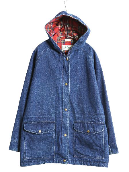 【お得なクーポン配布中!】 80s USA製 エルエルビーン デニム マウンテンパーカー レディース L メンズ M ヴィンテージ フルジップ チェック ライナー付き ジャケット