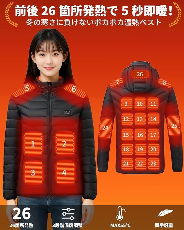 UGIUGI 電熱ヒーター ジャケット 男女兼用 26 箇所発熱・超速暖 電池別売 3 段階温度調整 DC/USB 給電式 急速発熱 冬用防寒 軽量ヒートジャケット 作業用・アウトドア向き あったかジャケット (