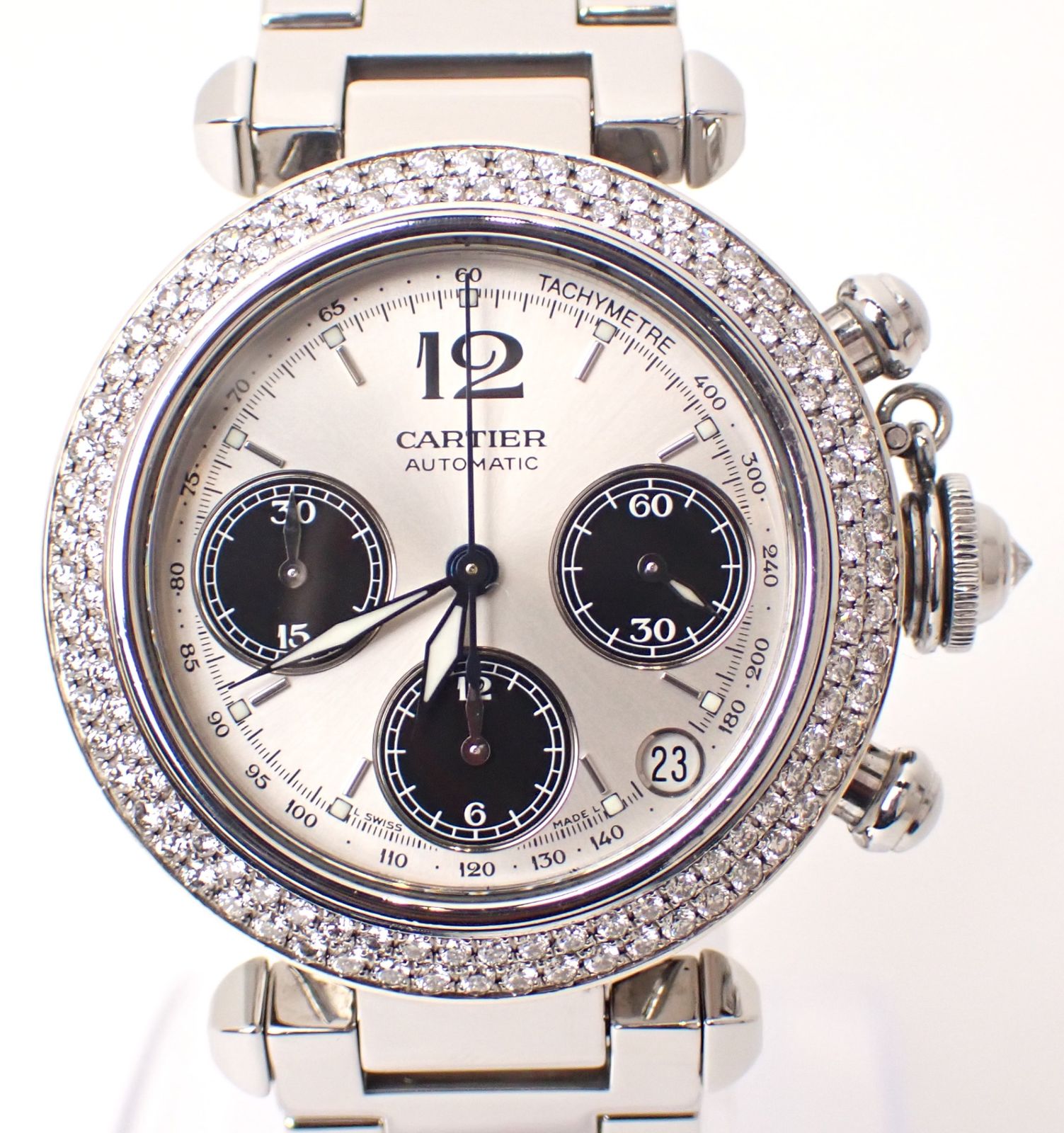 仕上げ済 Cartier カルティエ パシャCクロノグラフ W31048M7 SS AT 自動巻き オートマチック ダイヤベゼル メンズ レディース 腕時計