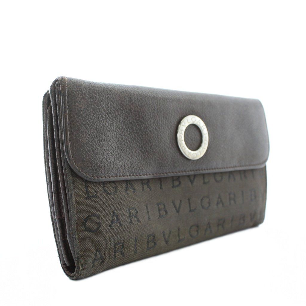 ブルガリ BVLGARI 長財布 三つ折り レザー キャンバス Wホック ロゴ