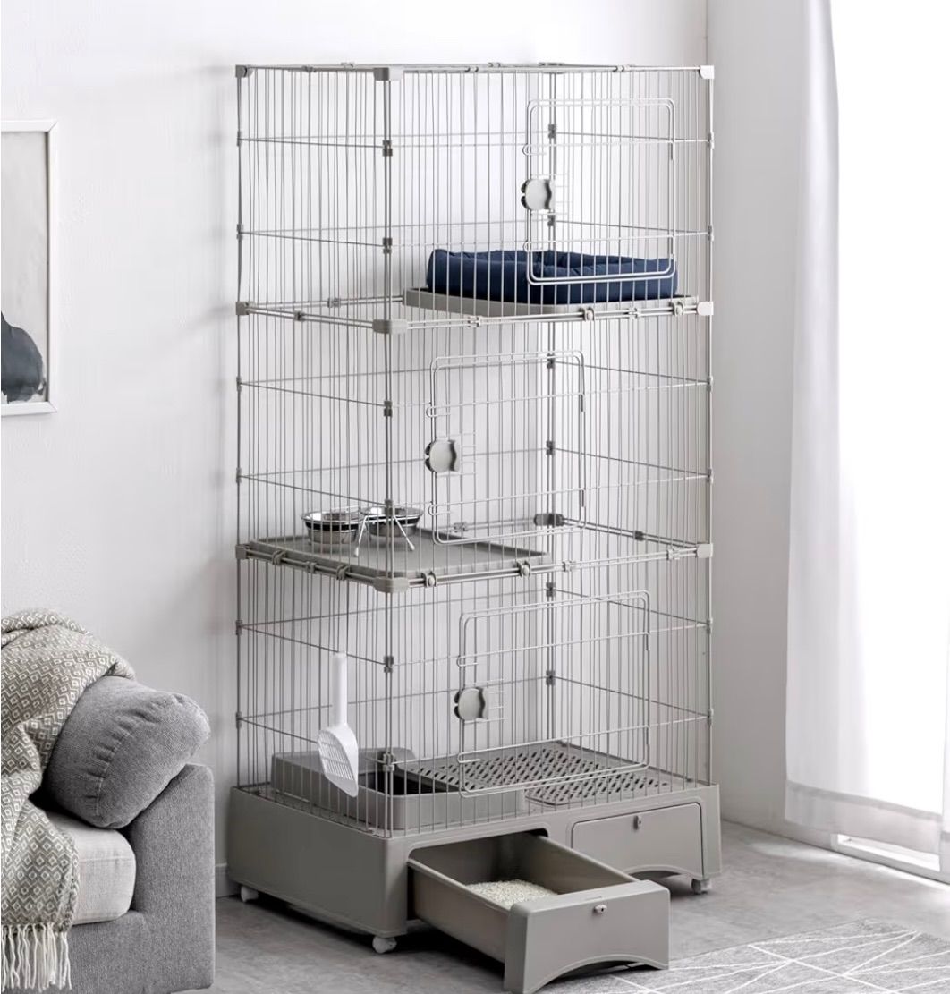 タンスのゲン 猫ゲージ 3段 幅82㎝ 高さ157㎝ トイレ付き キャスター付 丸洗いOK キャットケージ 引き出し