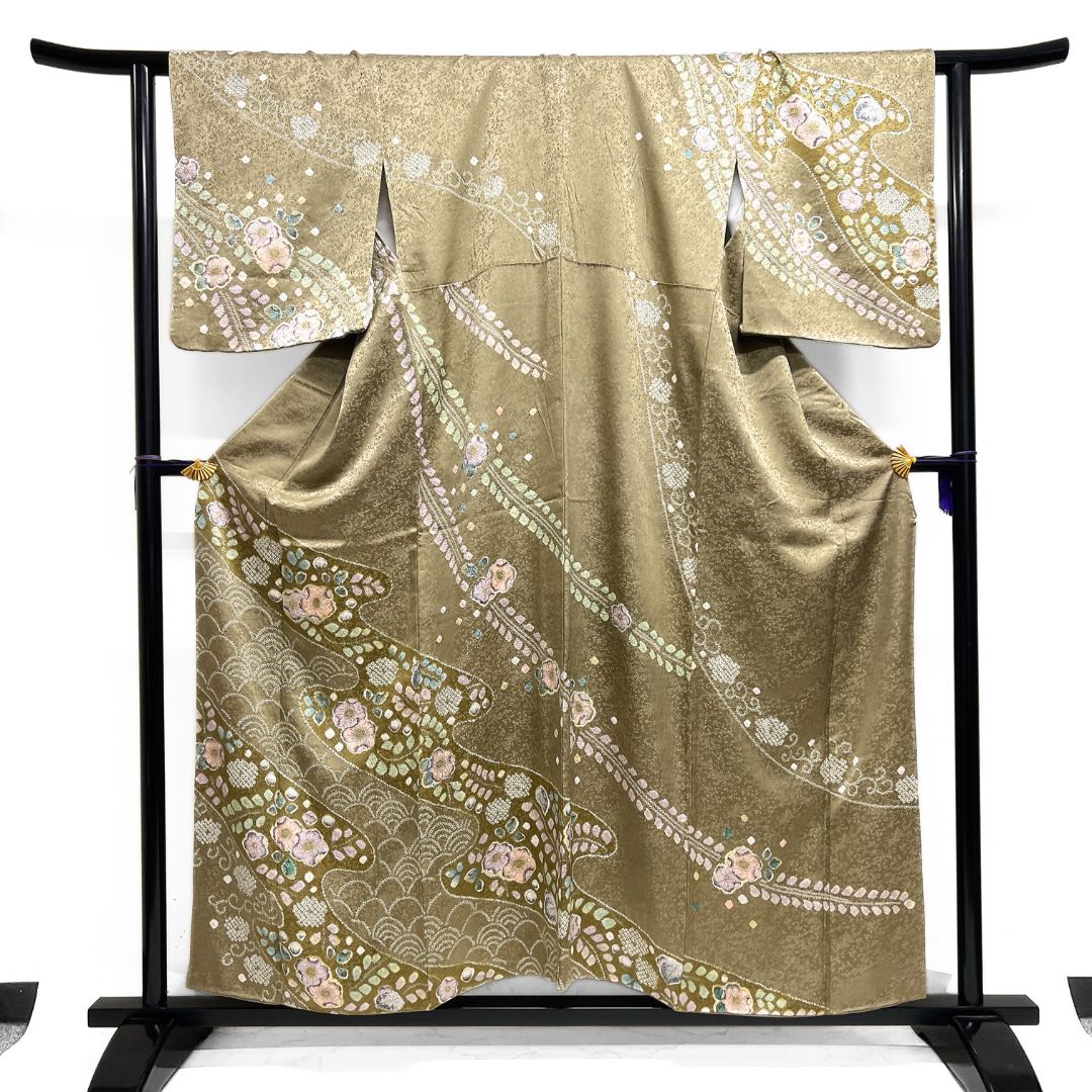 訪問着 辻ヶ花 絞り 藤 流水 青海波 着物 121 b d ms