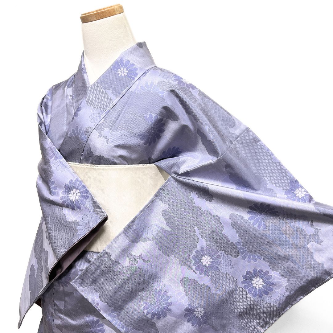 未着用 小紋 大島紬 菊花 雲 くすみ 着物 121 b d ms