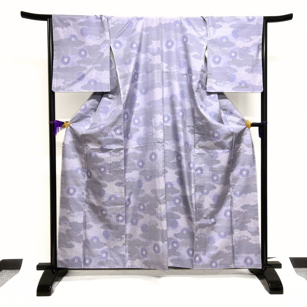 未着用 小紋 大島紬 菊花 雲 くすみ 着物 121 b d ms