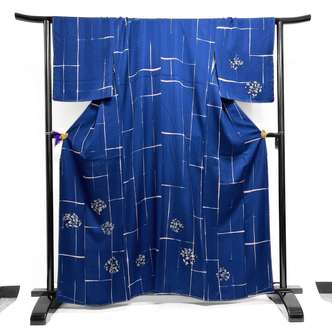 未着用 小紋 裂取り リーフ模様 格子 着物 121 b d ms