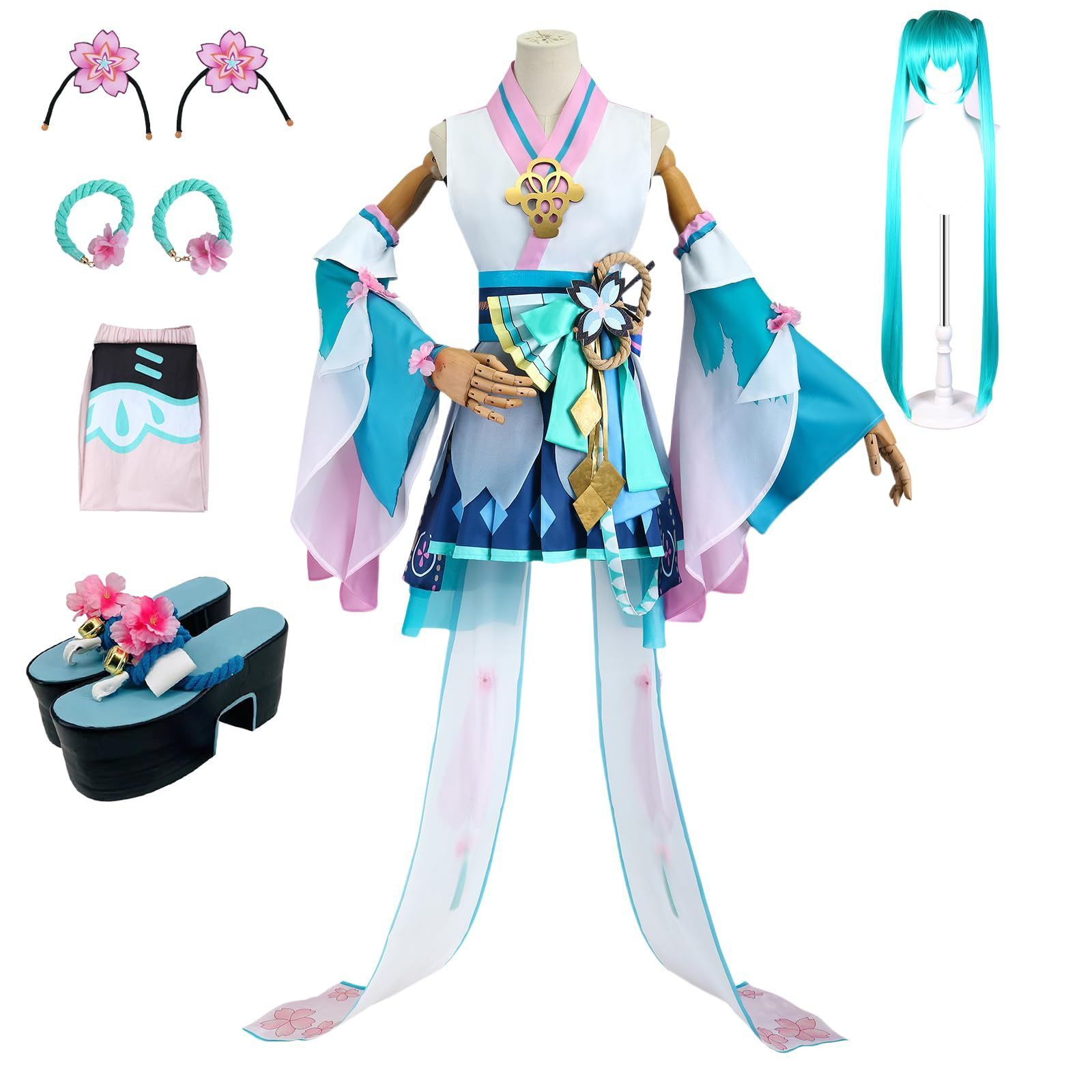 初音ミクコスプレ Mikuコスプレ衣装 和服 着物 浴衣 髪飾り 飾り ウィッグ付き はつね ミクコスプレ 制服 仮装 同人服 コス