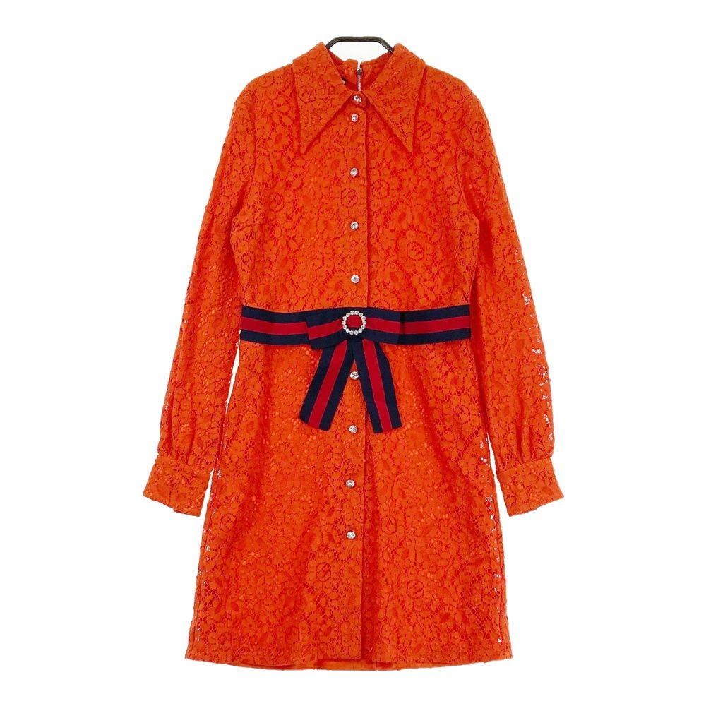 GUCCI グッチ 475846 レース刺繍ワンピース ウェブリボン オレンジ系 40 レディース