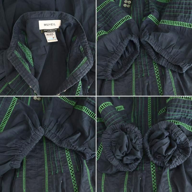 【中古】ミュベール muveil カラーステッチブラウス 40 ネイビー グリーン /ES ■OS レディース ミュベール muveil カラーステッチブラウス 40 ネイビー グリーン /ES