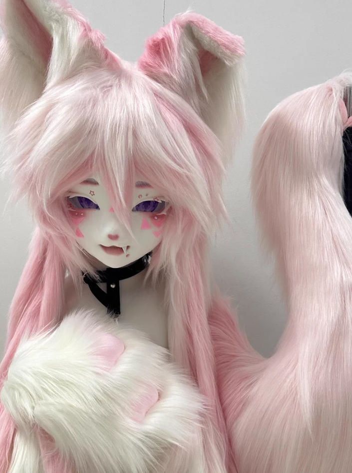 ファースーツ 着ぐるみセット NO 313 キツネ ピンク ケモノ 全頭ヘッド ぬいぐるみ コスプレ コスチューム