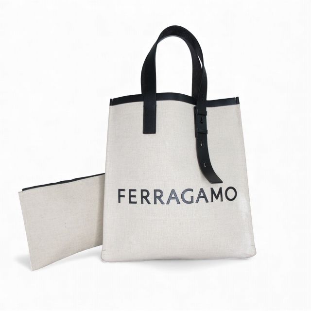 サルヴァトーレフェラガモ Salvatore Ferragamo トートバッグ キャンバス レザー ロゴ アイボリー ブラック 1204