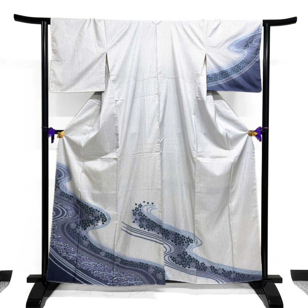 訪問着 白大島紬 藍染 絞り 流水 桜 水玉 着物 115b d ms - メルカリ