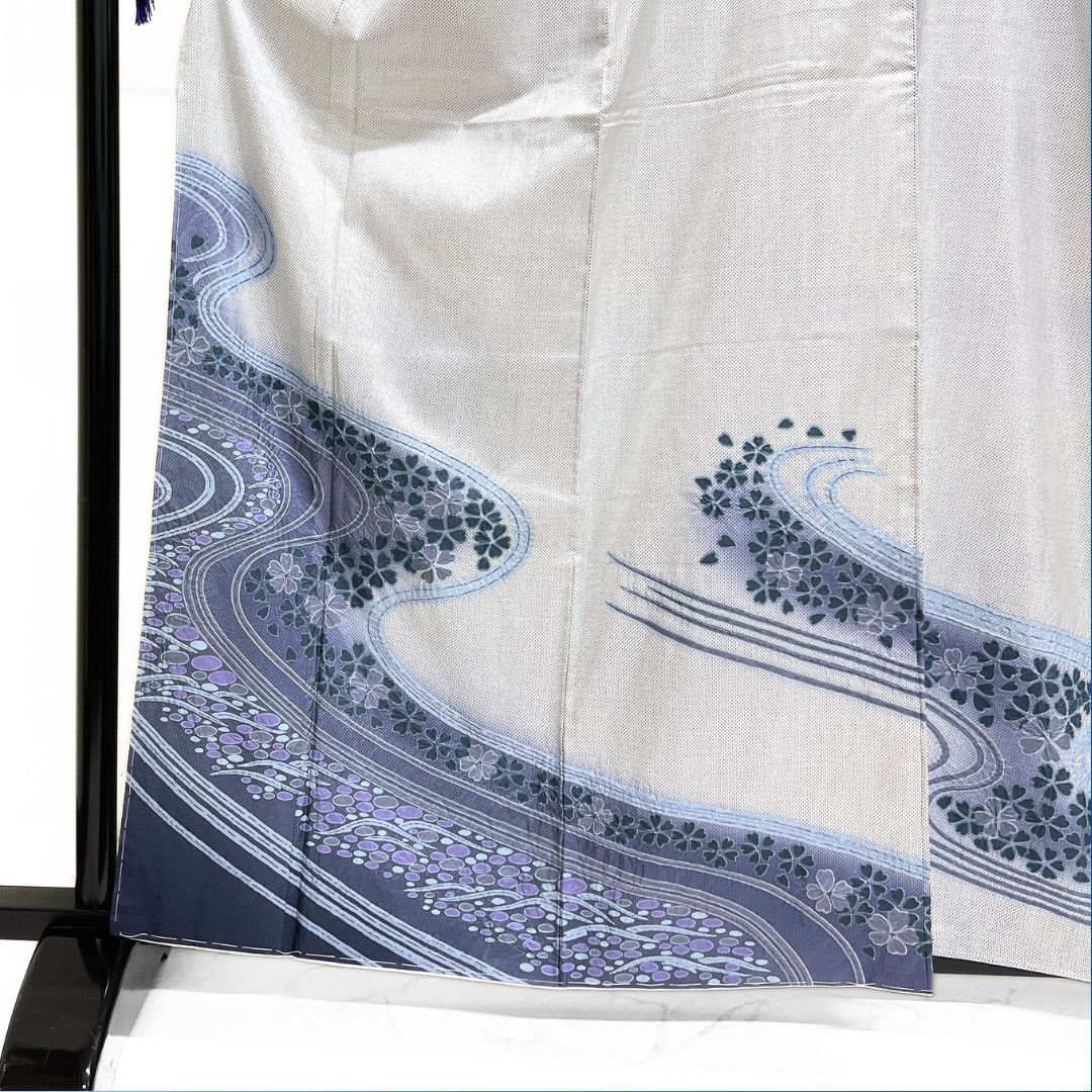 訪問着 白大島紬 藍染 絞り 流水 桜 水玉 着物 115b d ms - メルカリ