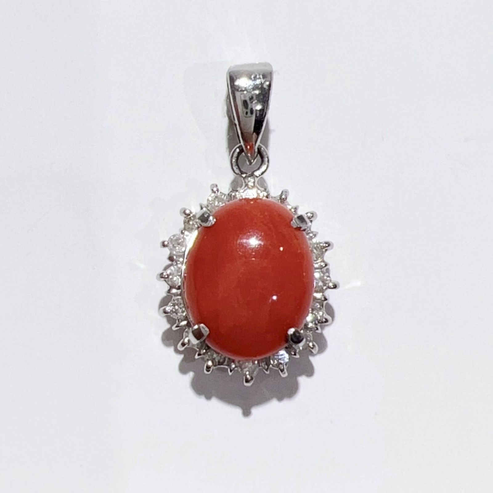 Pt900 天然 珊瑚 サンゴ ダイヤ ネックレス ペンダント トップ レッド