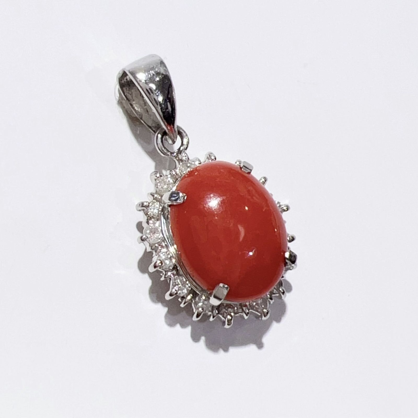 Pt900 天然 珊瑚 サンゴ ダイヤ ネックレス ペンダント トップ レッド