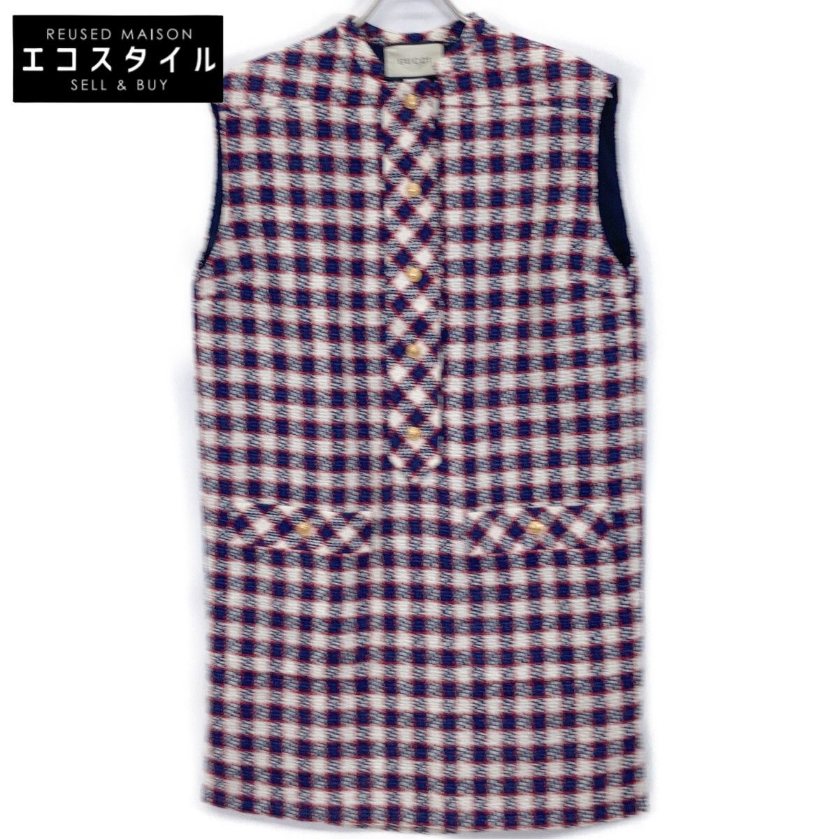 GUCCI グッチ 584856 19年 ﾚｯﾄﾞ×ﾈｲﾋﾞｰ×ﾎﾜｲﾄ 金ﾎﾞﾀﾝﾂｲｰﾄﾞﾉｰｽﾘｰﾌﾞﾜﾝﾋﾟｰｽ