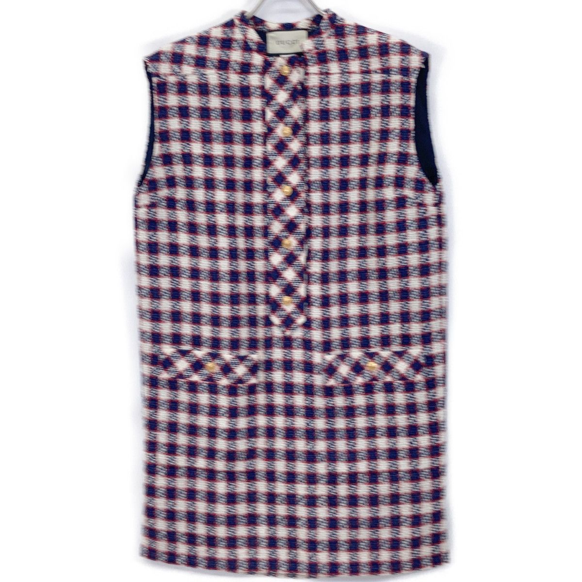 GUCCI グッチ 584856 19年 ﾚｯﾄﾞ×ﾈｲﾋﾞｰ×ﾎﾜｲﾄ 金ﾎﾞﾀﾝﾂｲｰﾄﾞﾉｰｽﾘｰﾌﾞﾜﾝﾋﾟｰｽ