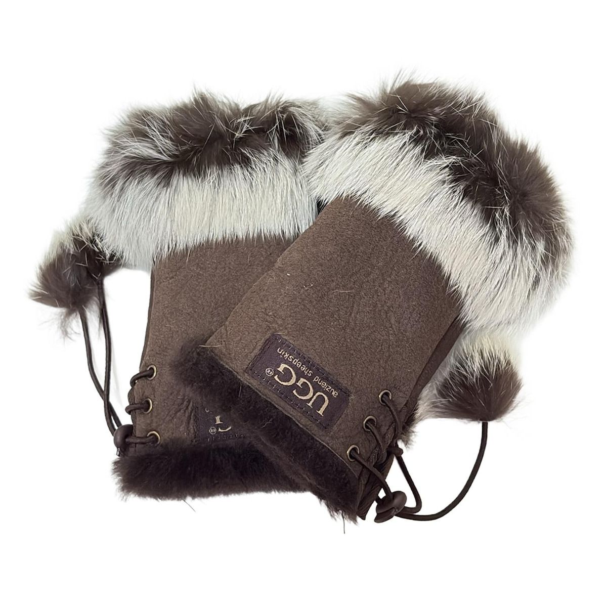 UGG アグ 手袋 レディース - ダークブラウン×白 その他 フィンガーレス ムートン ファー