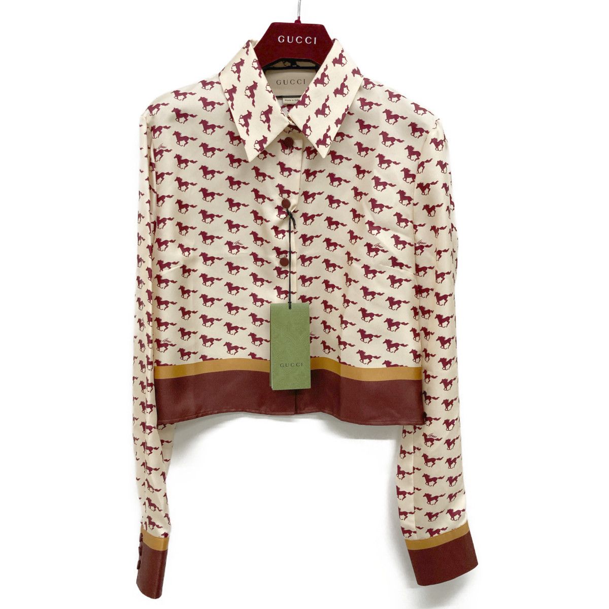 GUCCI グッチ 764078 24年 ﾍﾞｰｼﾞｭ×ﾚｯﾄﾞ ｼﾙｸ100 ﾎｰｽﾌﾟﾘﾝﾄｸﾛｯﾌﾟﾄﾞｼｬﾂ 38