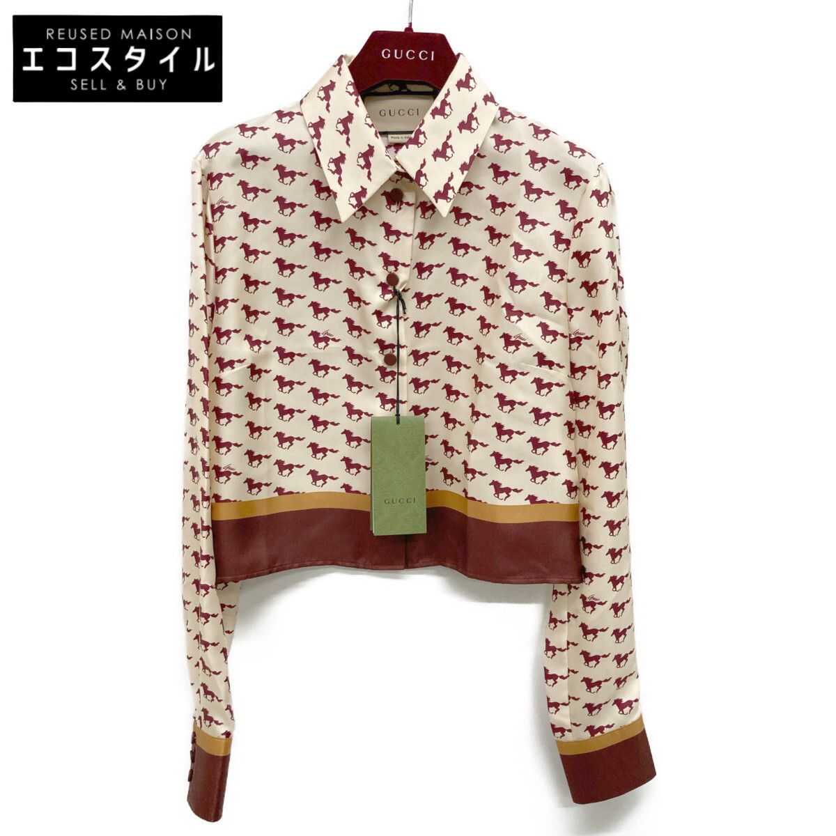 GUCCI グッチ 764078 24年 ﾍﾞｰｼﾞｭ×ﾚｯﾄﾞ ｼﾙｸ100 ﾎｰｽﾌﾟﾘﾝﾄｸﾛｯﾌﾟﾄﾞｼｬﾂ 38