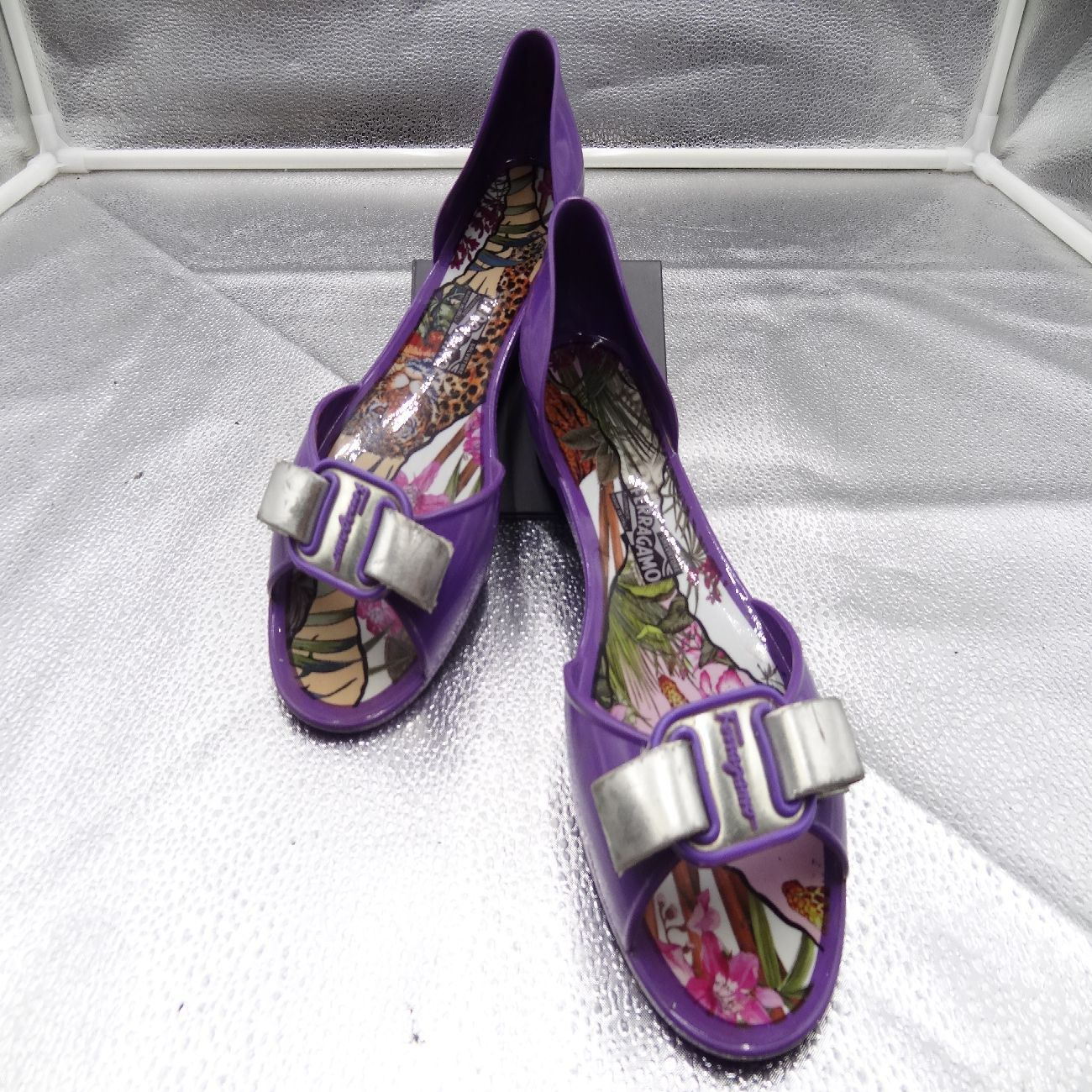 Salvatore Ferragamo FERRAGAMO flat shoes sandals, vala ribbon, animal pattern, flower pattern, purple, size 7, 23.5 cm