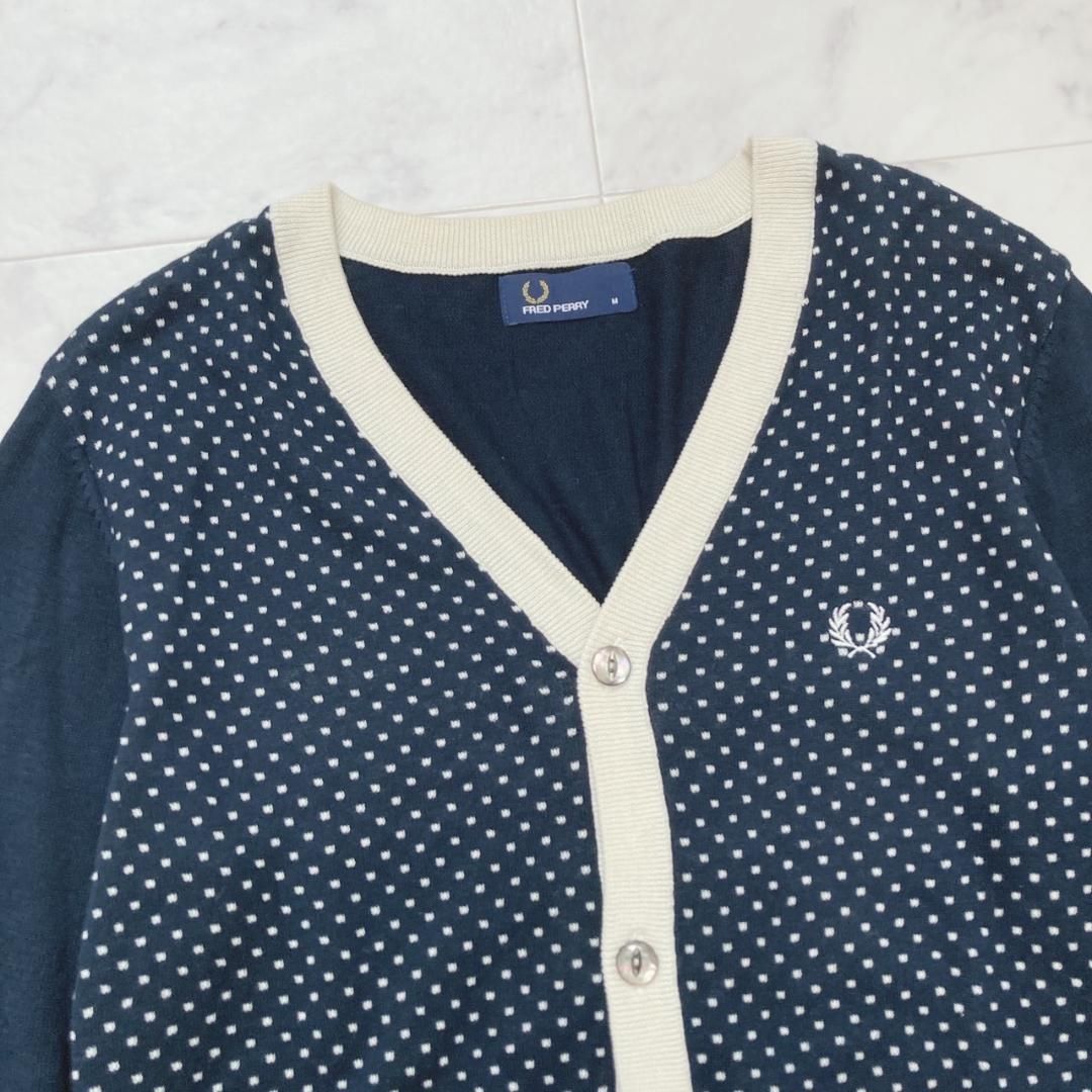 FRED PERRY フレッドペリー Vネックカーディガン ドット 水玉 刺繍M 