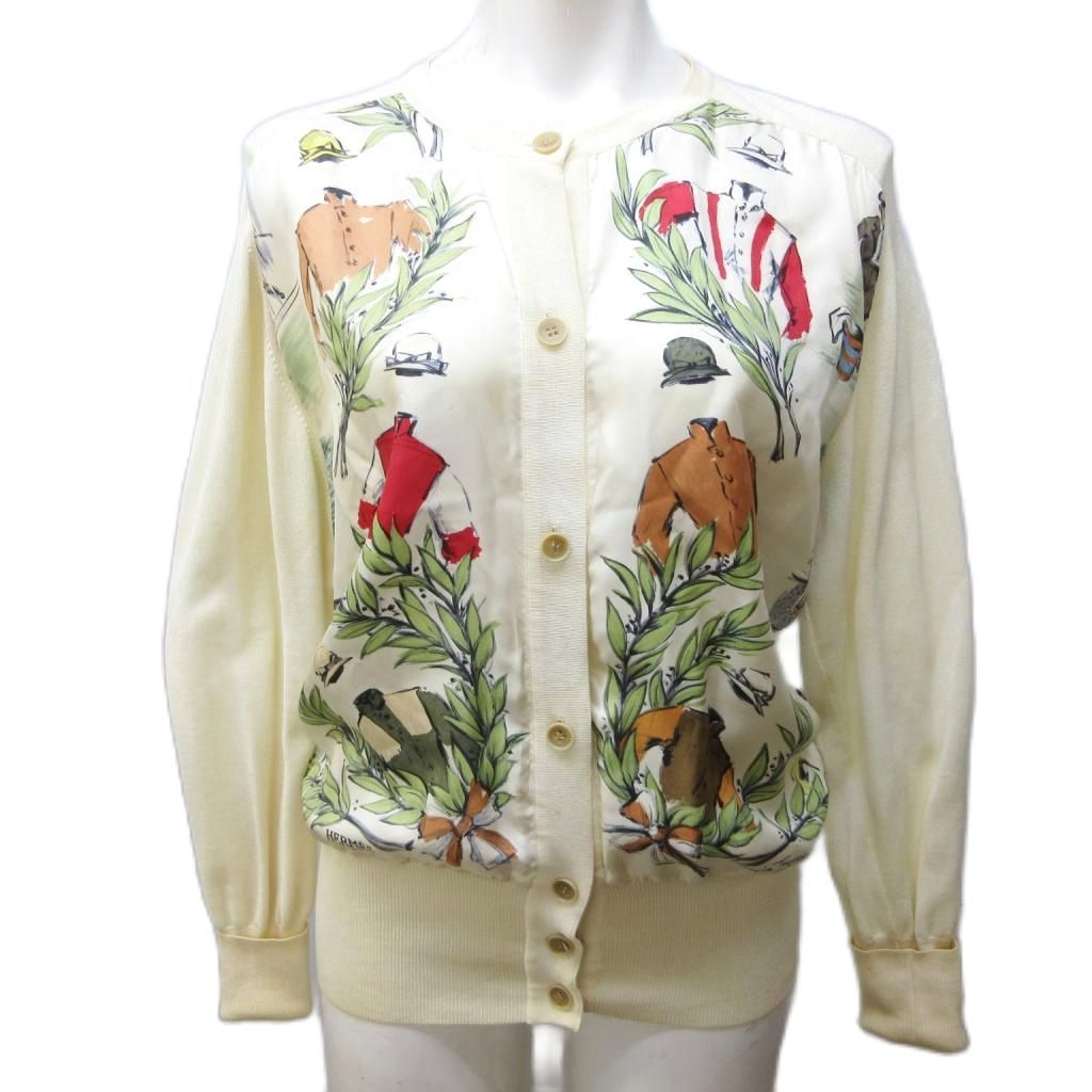 【中古】エルメス HERMES CHANTILLY 競馬場 ニット カーディガン 切替 スカーフ柄 シルク 40 約L ライトベージュ 系 エルメス HERMES CHANTILLY 競馬場 ニット カーディガン 切替 スカーフ