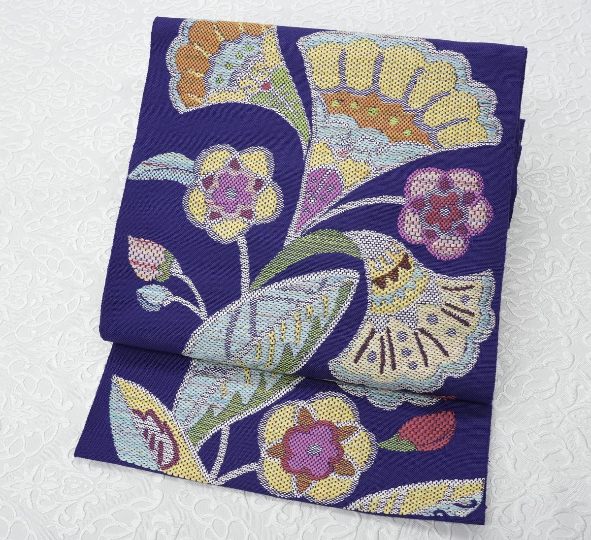 帯屋捨松 手織 西陣織 八寸名古屋帯 新品未使用品 正絹 松葉仕立て パープル系 新品未仕立 西陣織 八寸名古屋帯 帯屋捨松【モダンロマン文】② 手縫い