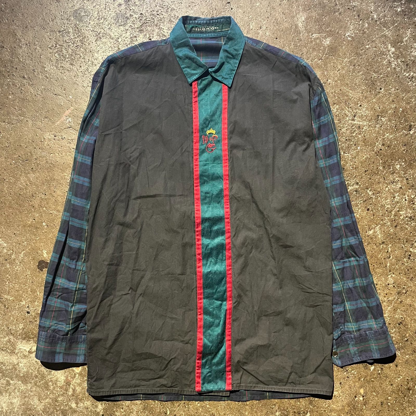 Marithe Francois Girbaud ブラックウォッチ 切替 刺繍 デザイン 長袖シャツ マリテフランソワジルボー チェック柄 ドッキング