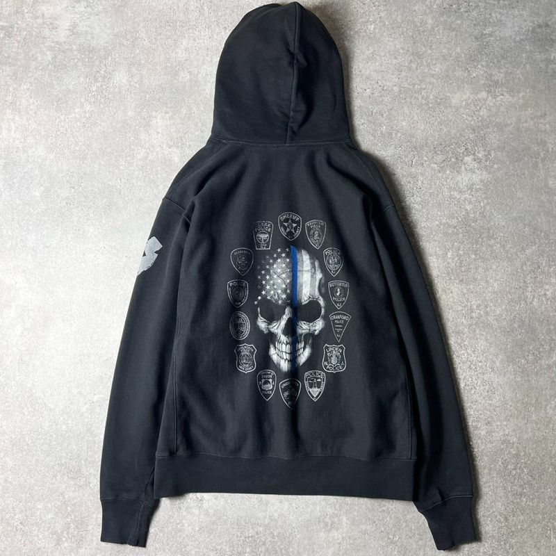 Champion 3面 ポリス プリント リバースウィーブ スウェット フード パーカー L / 復刻 単色タグ チャンピオン トレーナー 黒 ブラック スカル