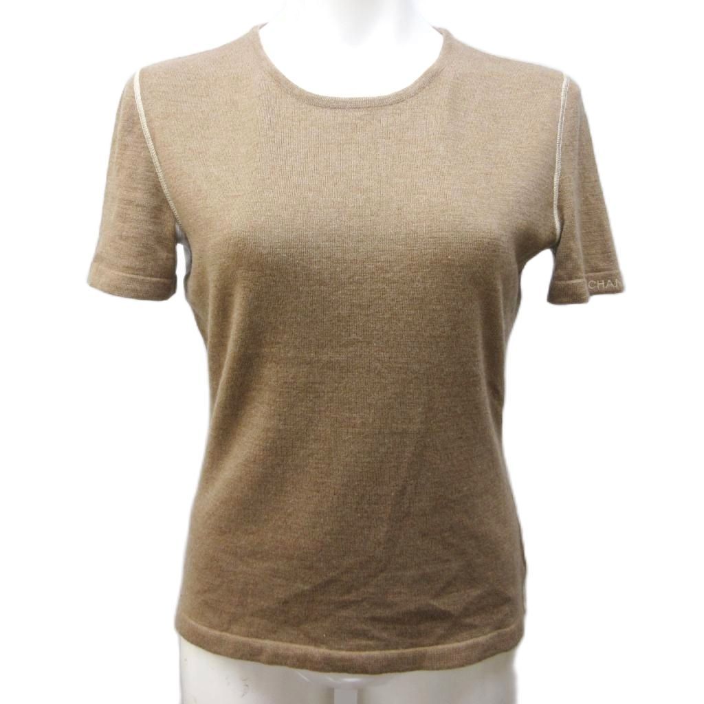 【中古】シャネル CHANEL 99A P13676 ニット カットソー カシミヤ シルク混 ロゴ 刺繍 半袖 チビT 38 約M ■MNK3 シャネル CHANEL 99A P13676 ニット カットソー カシミヤ シルク混