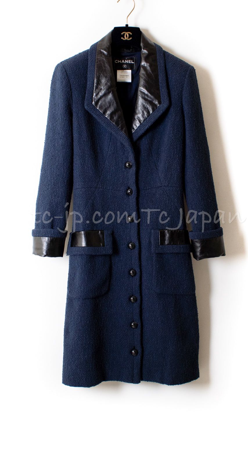 シャネル コート CHANEL ネイビー ブラック レザー襟 ツイード