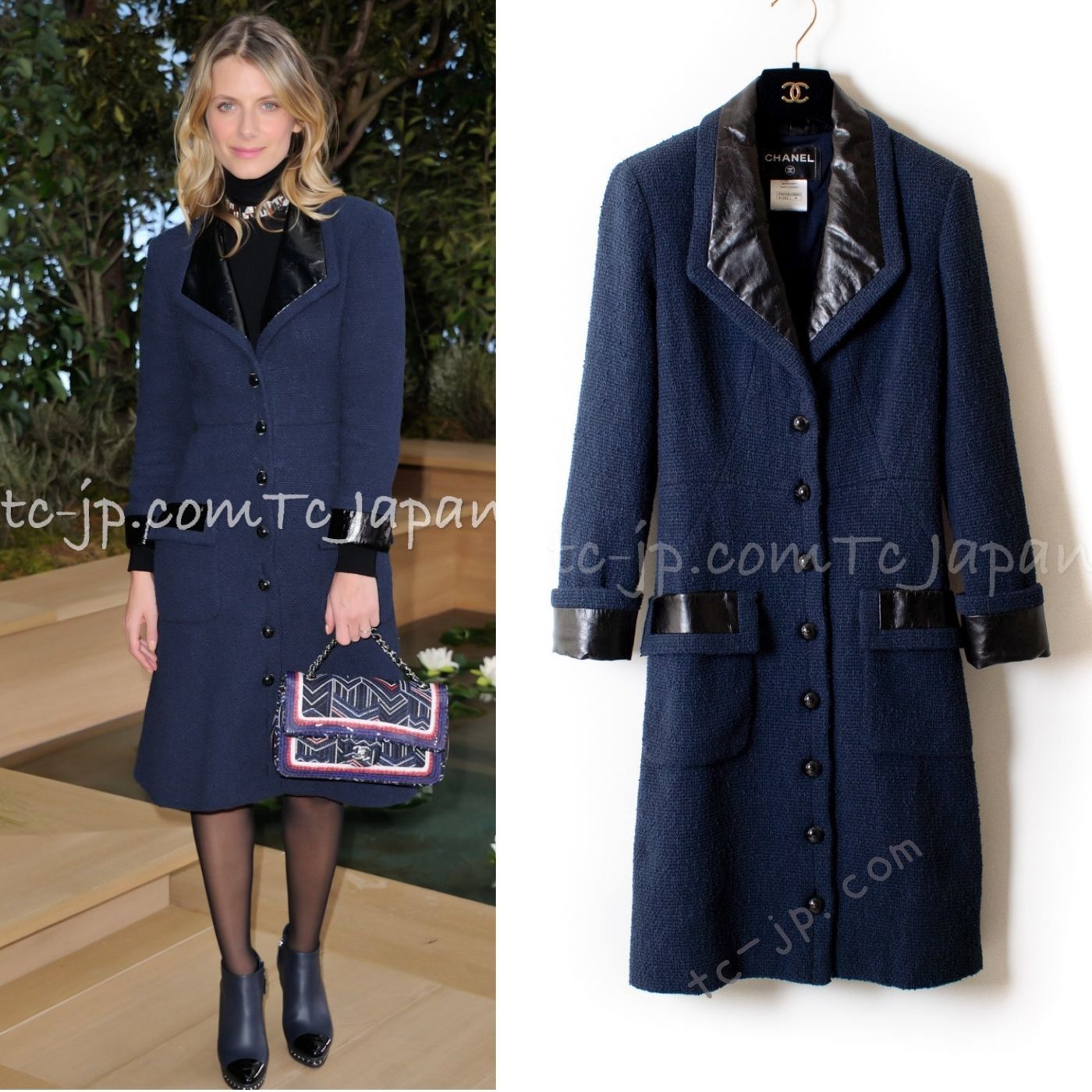 シャネル コート CHANEL ネイビー ブラック レザー襟 ツイード