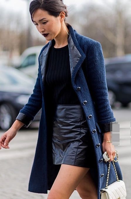 シャネル コート CHANEL ネイビー ブラック レザー襟 ツイード