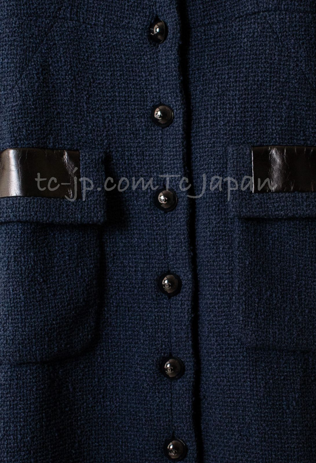 シャネル コート CHANEL ネイビー ブラック レザー襟 ツイード