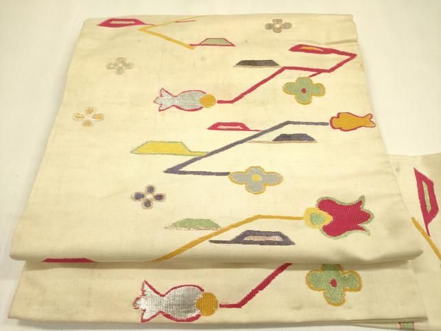 平和屋着物○アンティーク 大正ロマン 九寸名古屋帯 抽象花文 金銀糸