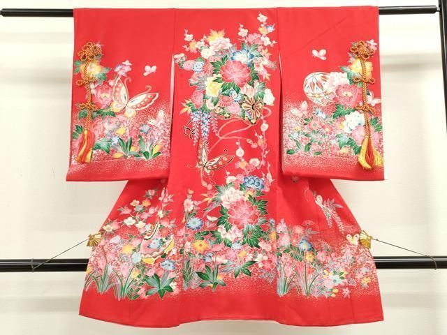 平和屋着物 お宮参り 女の子 祝着 産着 初着 のしめ 花車 鈴舞蝶花文 金彩 ze