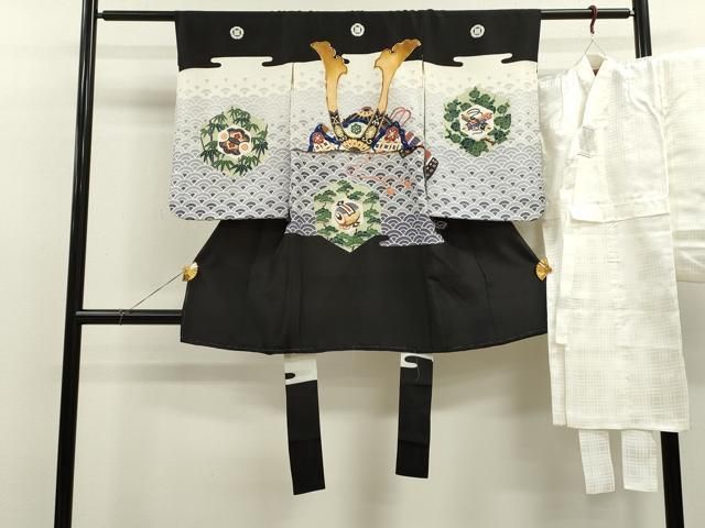 平和屋着物 七五三 男の子 祝着 長襦袢セット 駒刺繍 兜 宝尽くし松文 金糸 ze