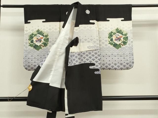 平和屋着物 七五三 男の子 祝着 長襦袢セット 駒刺繍 兜 宝尽くし松文 金糸 ze