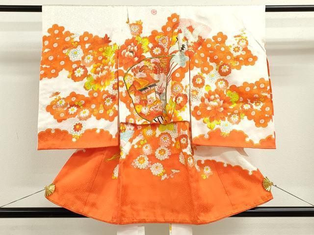 平和屋着物 七五三 女の子 ３歳 祝着 三つ身 長襦袢セット 刺繍 扇面飛鶴草花文 金彩 ze