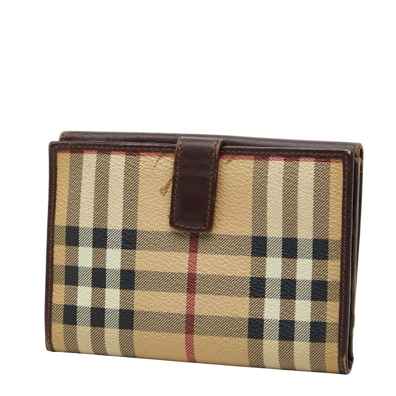 バーバリー ノバチェック Wホック 財布 ベージュ ブラウン PVC レザー レディース 240 43000