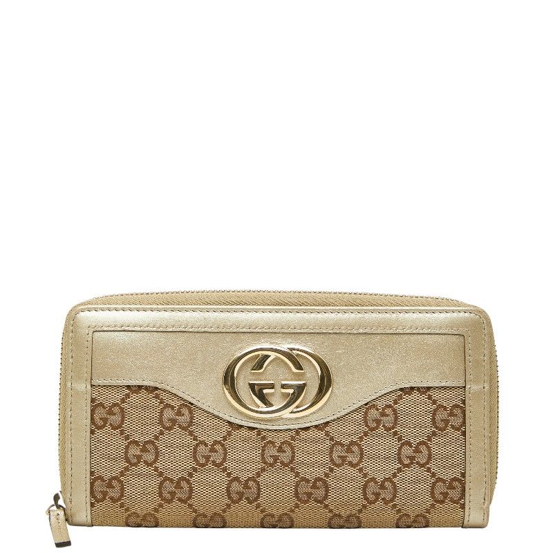 グッチ GGキャンバス インターロッキングG ラウンドファスナー 長財布 308012 ベージュ ゴールド キャンバス レザー レディース GUCCI 1-0243885