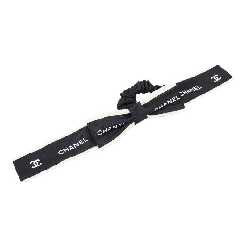 シャネル ココマーク ロゴ リボン シュシュ ヘア ブラック ホワイト シルク レディース CHANEL 228-45896