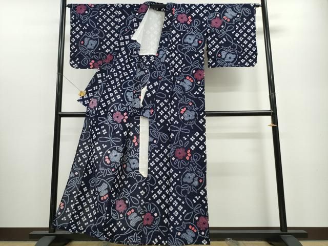 平和屋着物∴夏物 浴衣 有松鳴海絞り 結び紐団扇花文 綿 ng