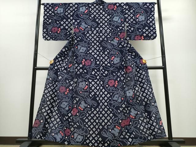 平和屋着物∴夏物 浴衣 有松鳴海絞り 結び紐団扇花文 綿 ng