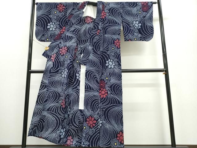 平和屋着物∴夏物 浴衣 有松鳴海絞り 流水舞菊文 綿 ng