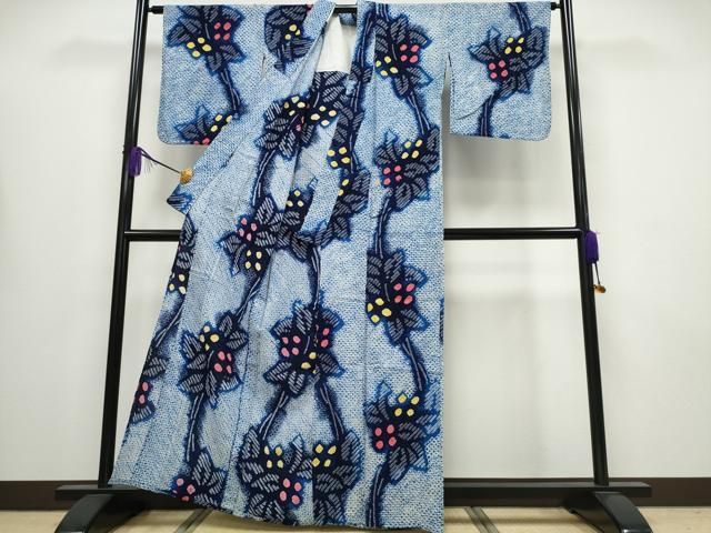 平和屋着物∴夏物 浴衣 有松鳴海絞り 枝葉花文 綿 ng