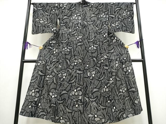 平和屋着物∴夏物 浴衣 有松鳴海絞り 草花文 黒地 綿 ng