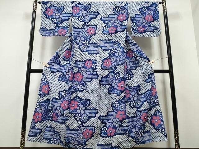 平和屋着物∴夏物 浴衣 有松鳴海絞り エ霞扇面花文 綿 ng